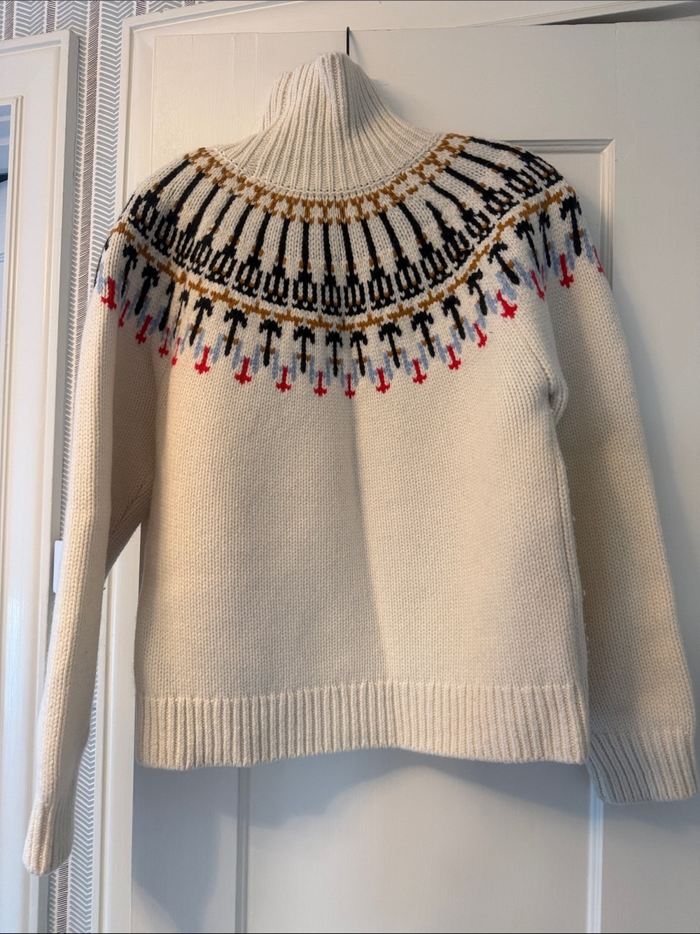 Tory Burch Cream Turtleneck Fair Isle Sweater with Black & Gold Accents - Picture 5 of 6